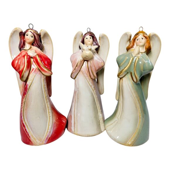 Lot 3 Vtg Ceramic Christmas Angel Bell Tree Ornaments Singing Choir Glazed Set - Picture 11 of 11